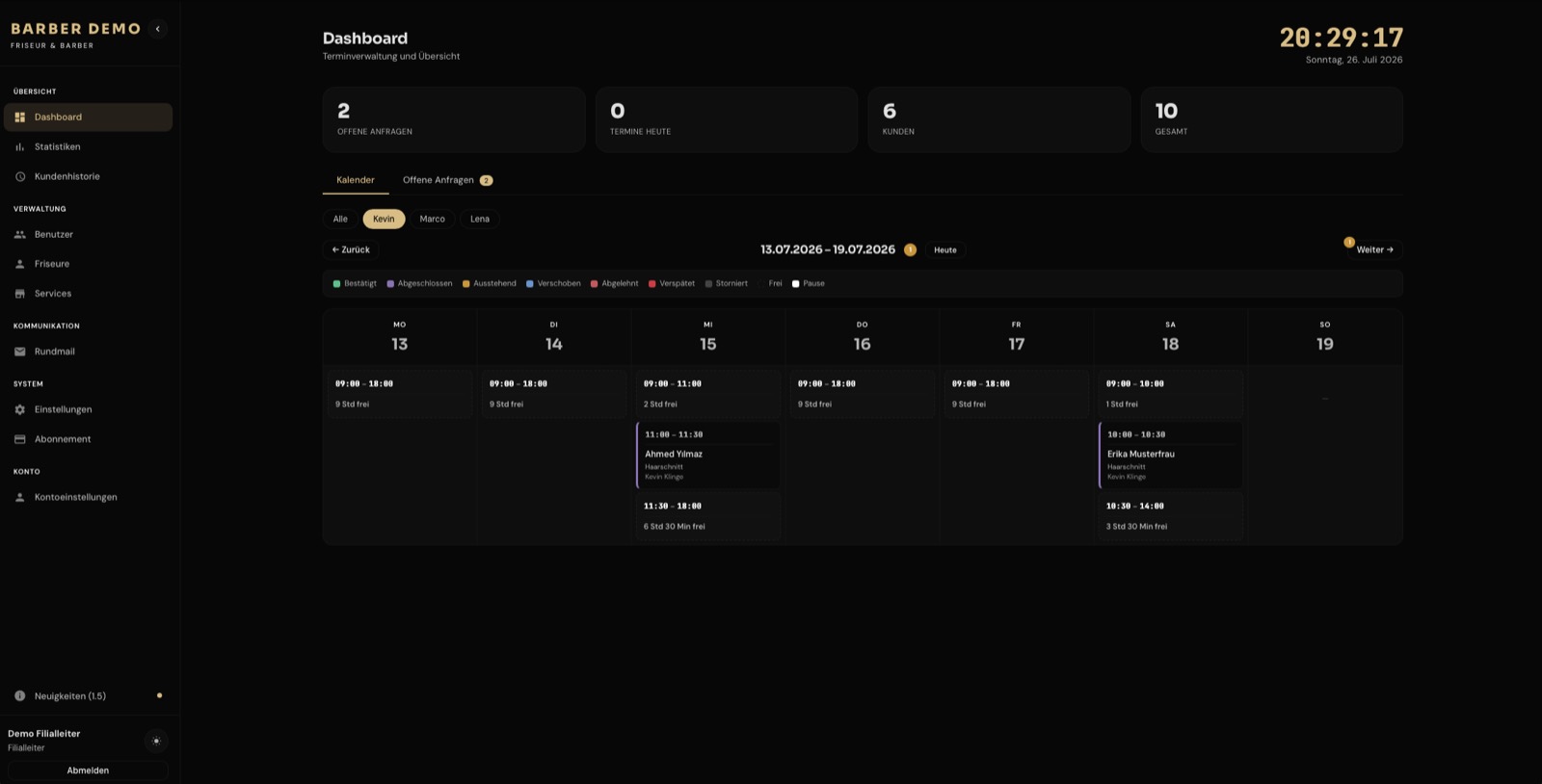 Terminplanung für Friseure — Dashboard mit Wochenkalender und offenen Anfragen
