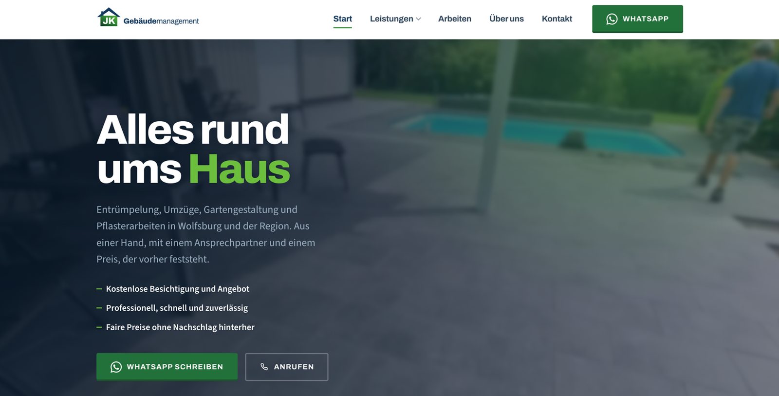 JK-Gebäudemanagement — Startseite: alles rund ums Haus, Anfrage per WhatsApp